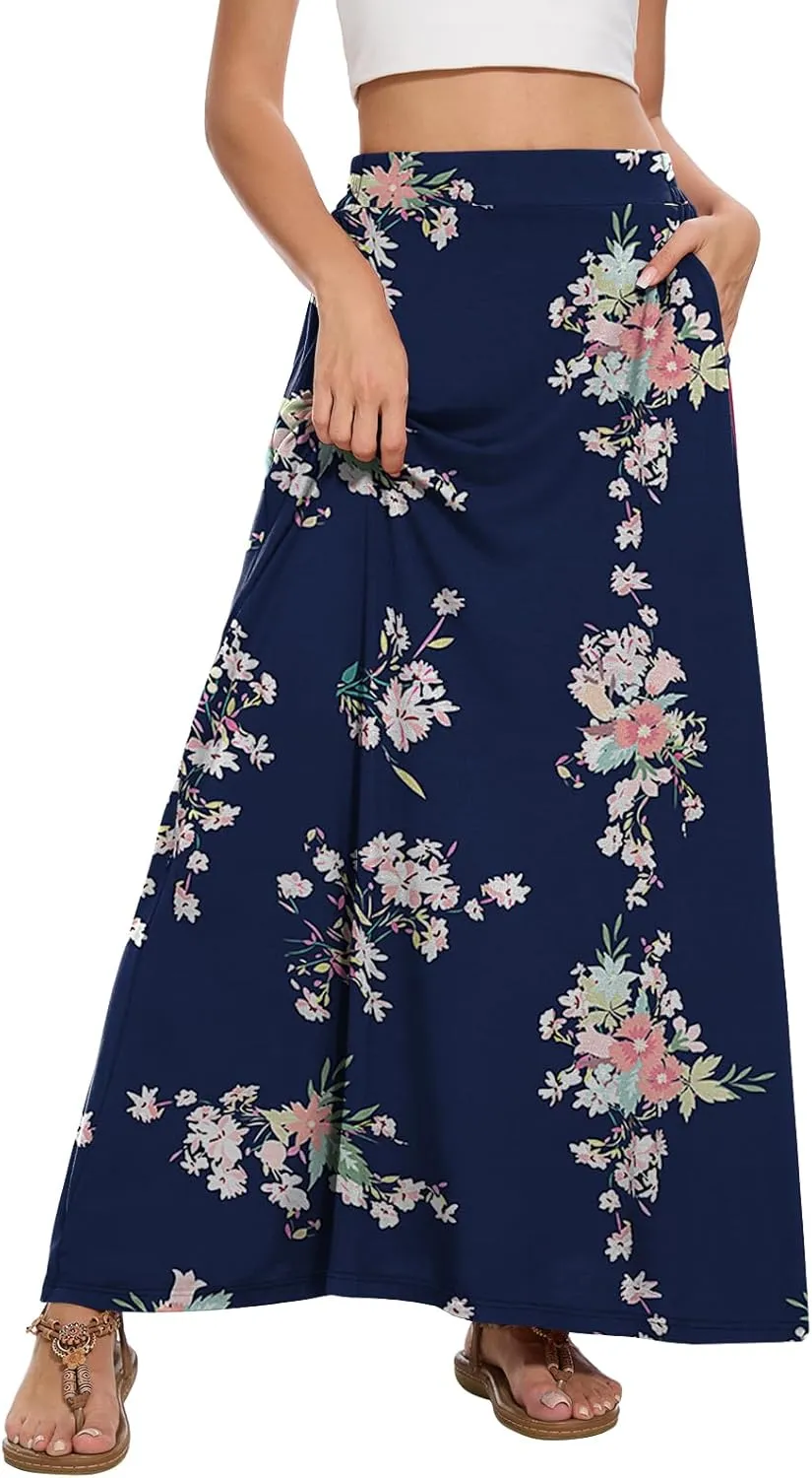 Womens Maxi A-line Long Summer Skirt Elastic High Waist Flowy Skirt with Pockets