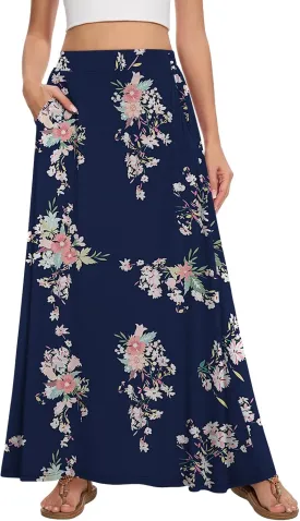 Womens Maxi A-line Long Summer Skirt Elastic High Waist Flowy Skirt with Pockets
