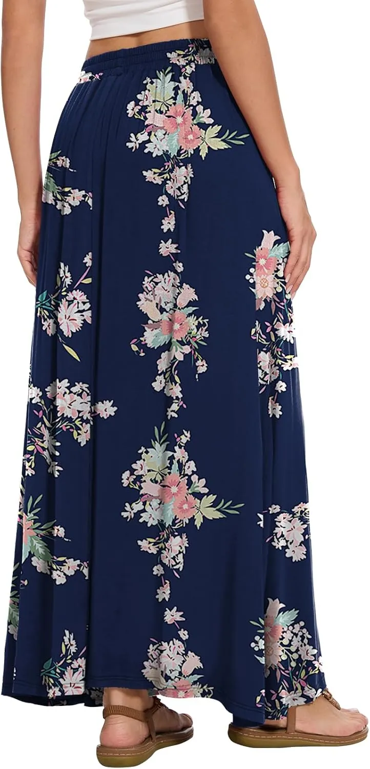 Womens Maxi A-line Long Summer Skirt Elastic High Waist Flowy Skirt with Pockets