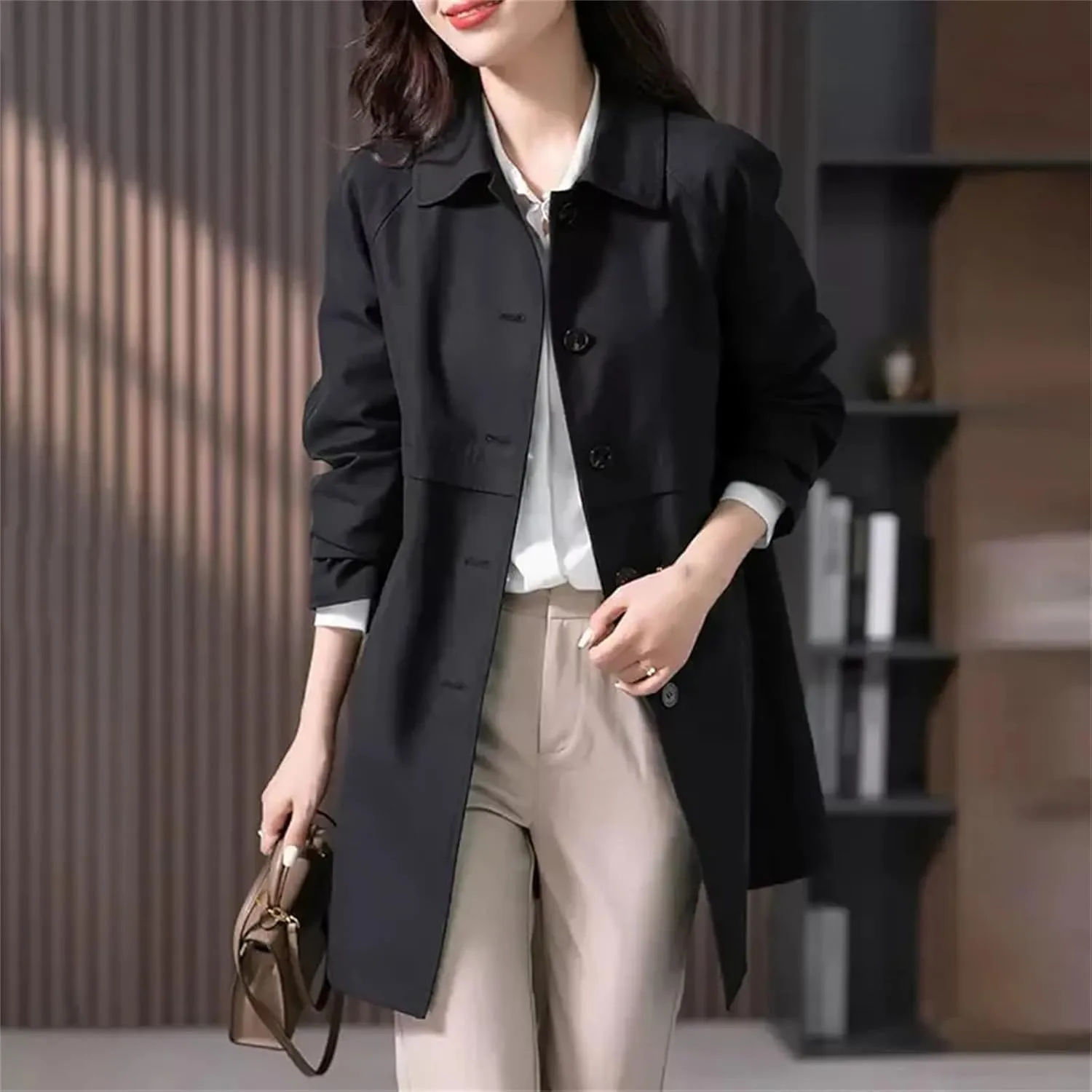 Women's Mid-Length Single-Breasted Trench Coat ?C Spring Jacket Casual Outerwear Work Office Coat With Lining