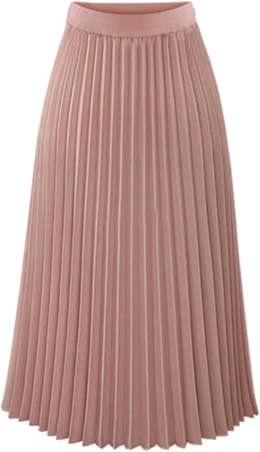 Womens Midi Skirt Elastic High Waist Pleated Chiffon Skirt Swing Flowy A-Line Skirts Casual Beach Vacation Clothes