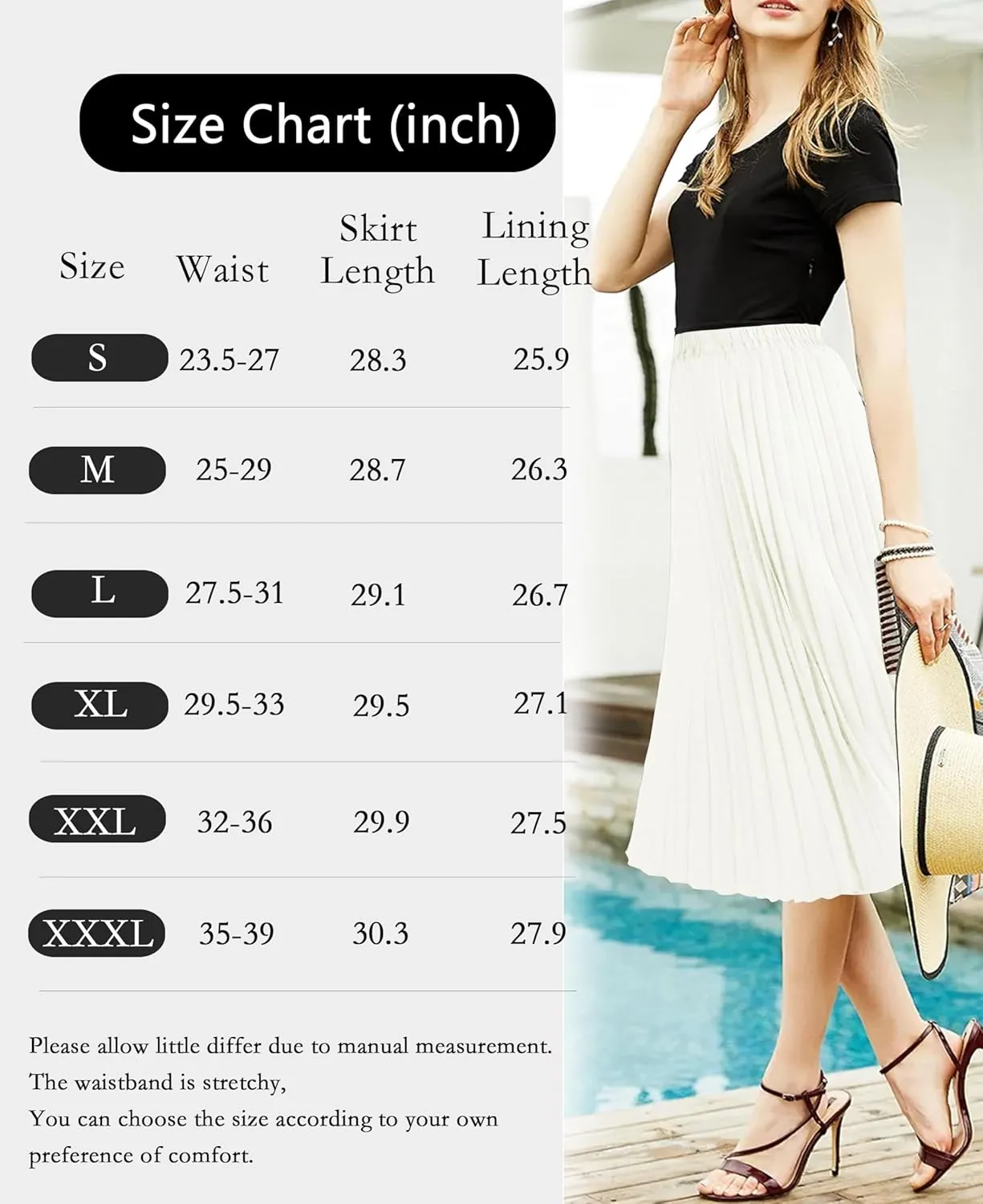 Women's Pleated Skirts High Elastic Waist A-Line Swing Skirt Midi Length