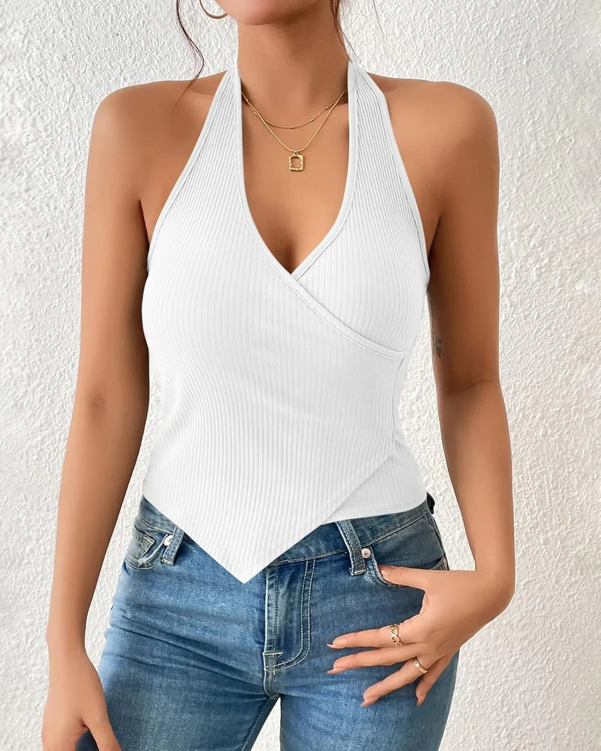 Womens Sexy Tank Tops Halter V Neck Sleeveless Wrap Shirts Asymmetrical Basic Tees Tops Blouses