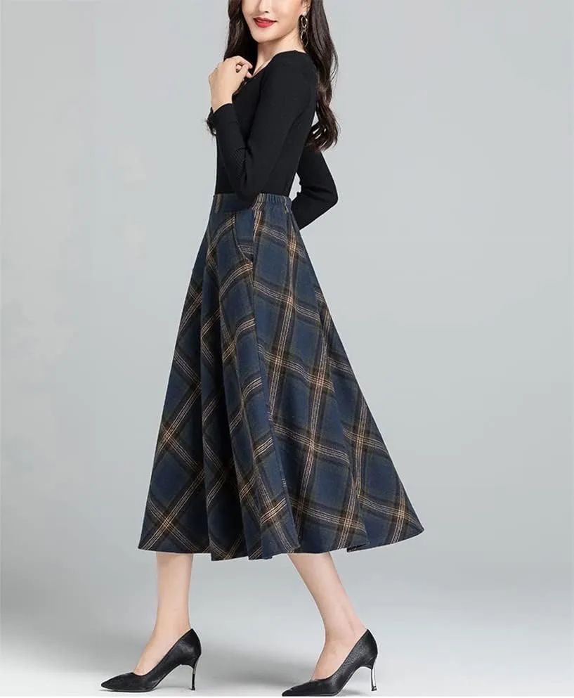 Women's Vintage High Waist Plaid Wool Midi Skirt A-line Fall Winter Elegant Long Skirt