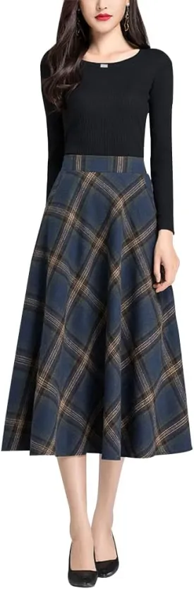 Women's Vintage High Waist Plaid Wool Midi Skirt A-line Fall Winter Elegant Long Skirt