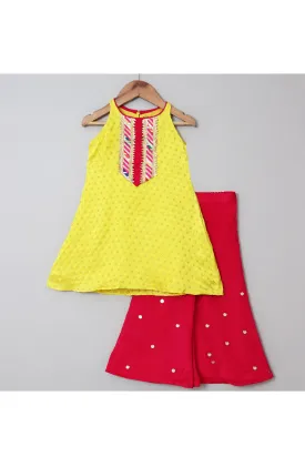 Yellow Brocade Detailing Halter neck Kurta With Flared Pant Set
