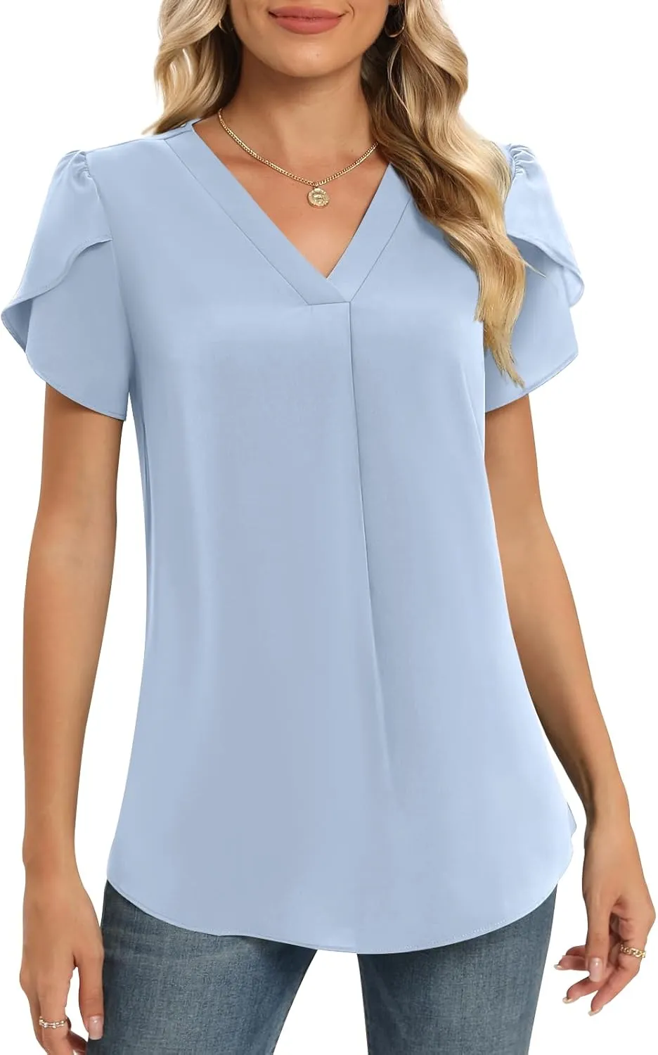 Yincro Womens Summer Dressy Chiffon Blouses V Neck Ruffle Short Sleeve Casual Tunic Tops